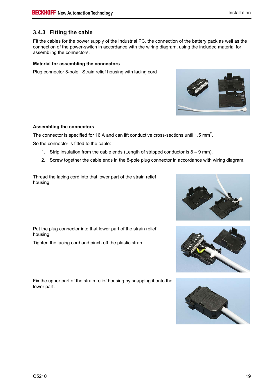 Fitting the cable, Material for assembling the connectors, Assembling the connectors | 3 fitting the cable | BECKHOFF C5210 User Manual | Page 21 / 33