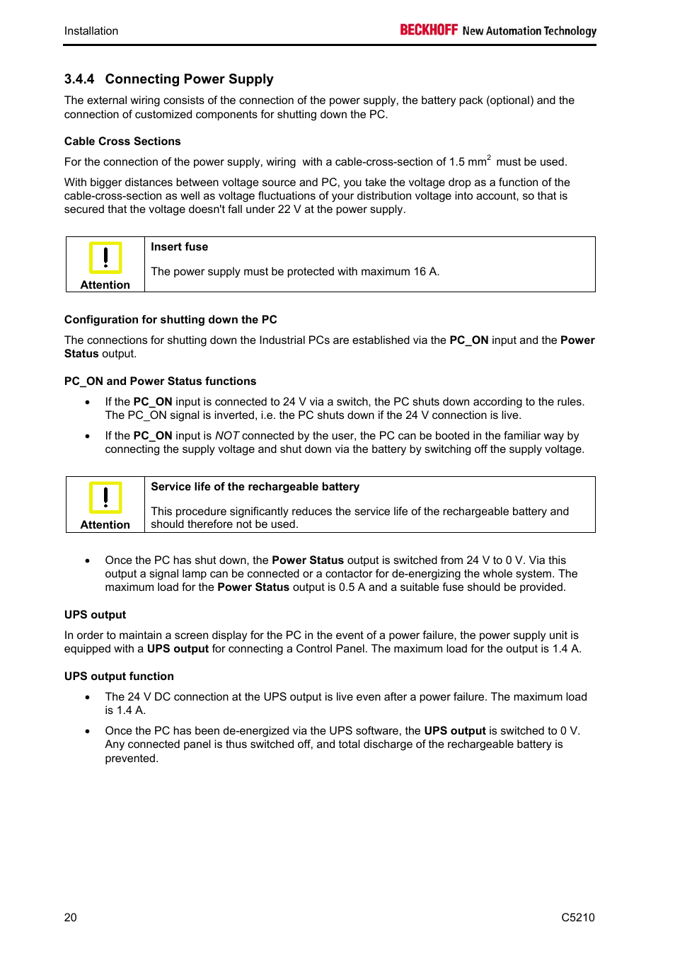 Connecting power supply, Cable cross sections, Configuration for shutting down the pc | Pc_on and power status functions, Ups output, Ups output function | BECKHOFF C5210 User Manual | Page 22 / 33