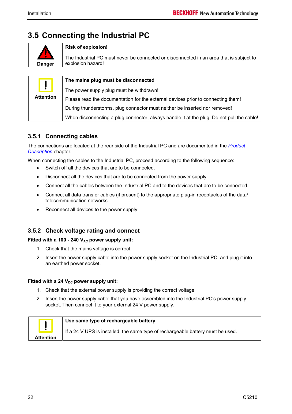 Connecting the industrial pc, Connecting cables, Check voltage rating and connect | 5 connecting the industrial pc | BECKHOFF C5210 User Manual | Page 24 / 33