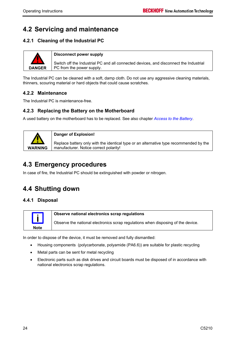 Servicing and maintenance, Cleaning of the industrial pc, Maintenance | Replacing the battery on the motherboard, Emergency procedures, Shutting down, Disposal, Maintenance 24, 2 servicing and maintenance, 3 emergency procedures | BECKHOFF C5210 User Manual | Page 26 / 33