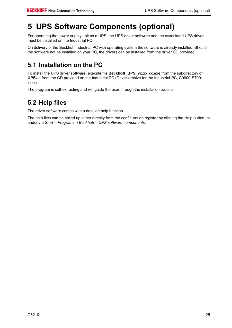 Ups software components (optional), Installation on the pc, Help files | 5 ups software components (optional), 1 installation on the pc, 2 help files | BECKHOFF C5210 User Manual | Page 27 / 33