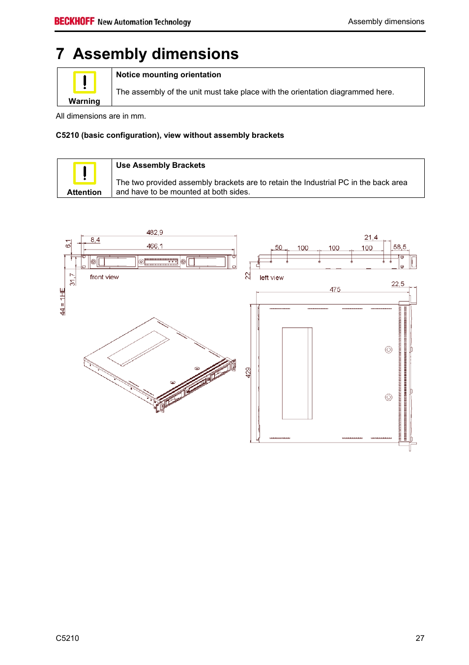 Assembly dimensions, 7 assembly dimensions | BECKHOFF C5210 User Manual | Page 29 / 33