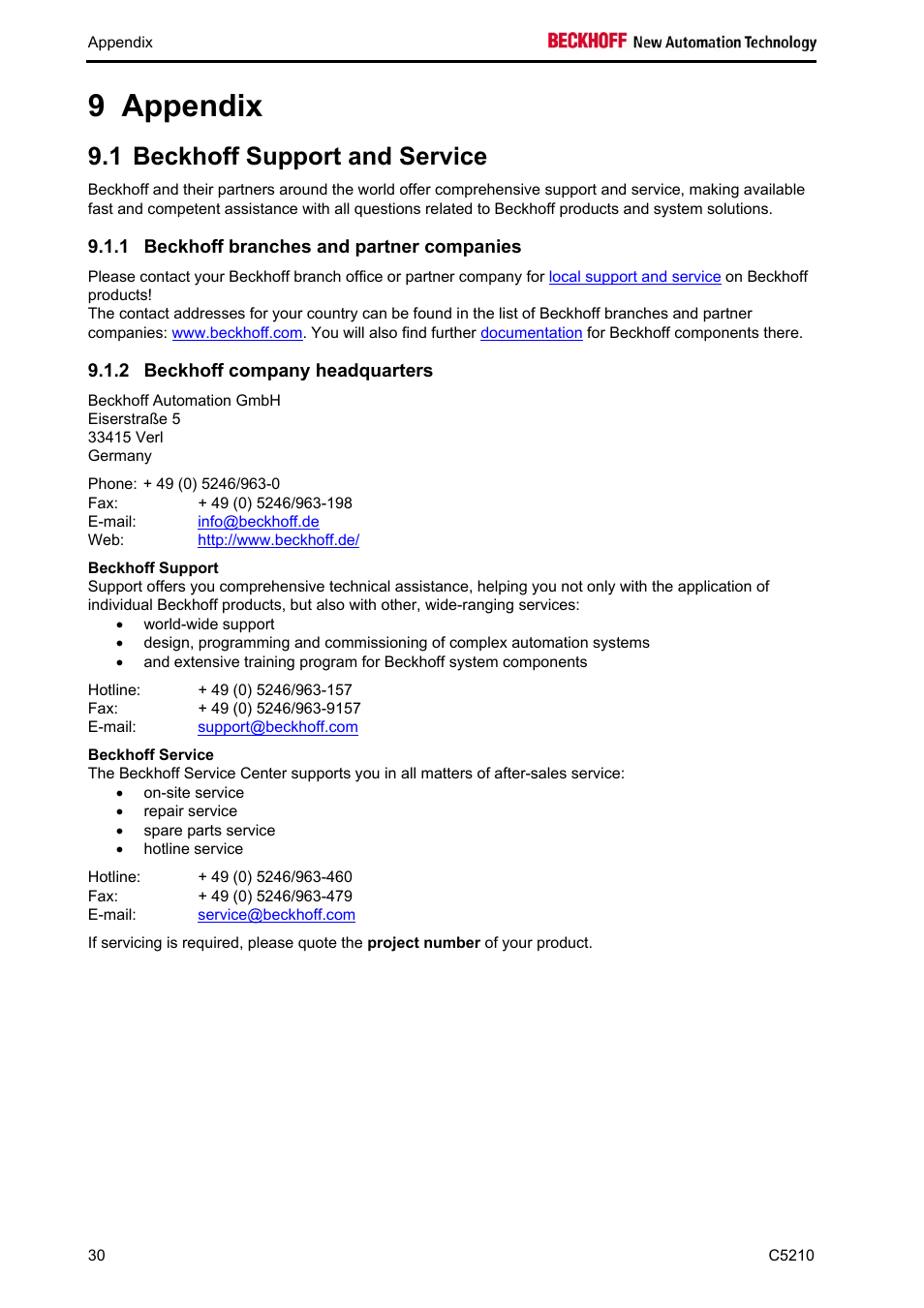 Appendix, Beckhoff support and service, Beckhoff branches and partner companies | Beckhoff company headquarters, Beckhoff support, Beckhoff service, Appendix 30, 9 appendix, 1 beckhoff support and service | BECKHOFF C5210 User Manual | Page 32 / 33