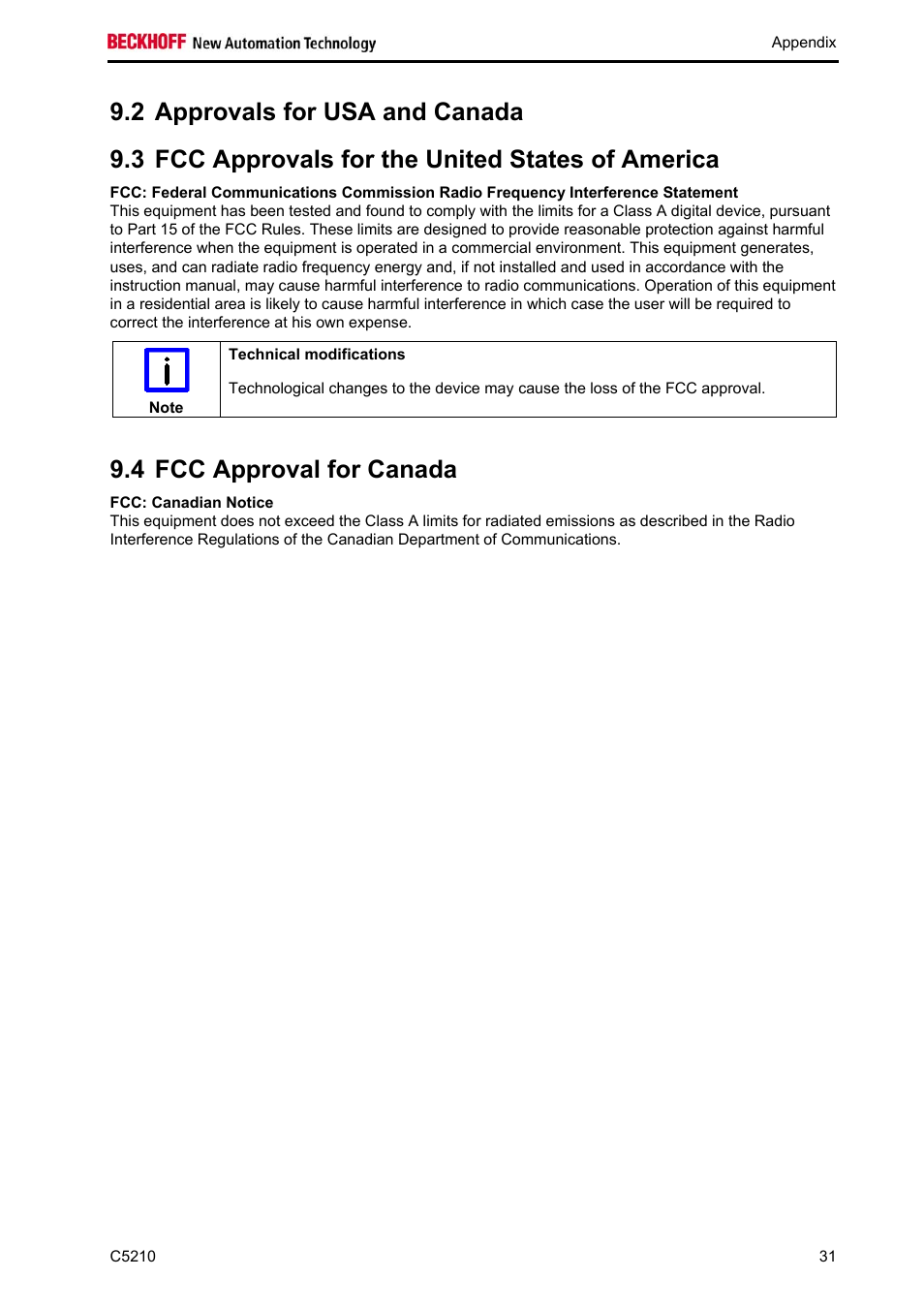 Approvals for usa and canada, Fcc approvals for the united states of america, Fcc approval for canada | Fcc: canadian notice, 4 fcc approval for canada | BECKHOFF C5210 User Manual | Page 33 / 33