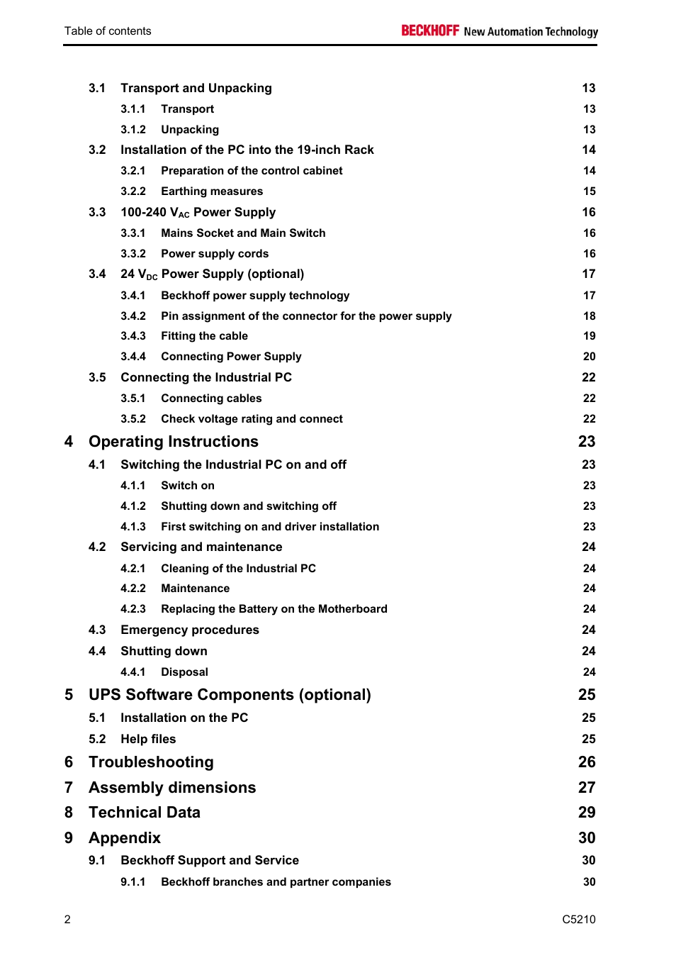 Operating instructions 23, Ups software components (optional) 25, Troubleshooting 26 | Assembly dimensions 27, Technical data 29, Appendix 30 | BECKHOFF C5210 User Manual | Page 4 / 33