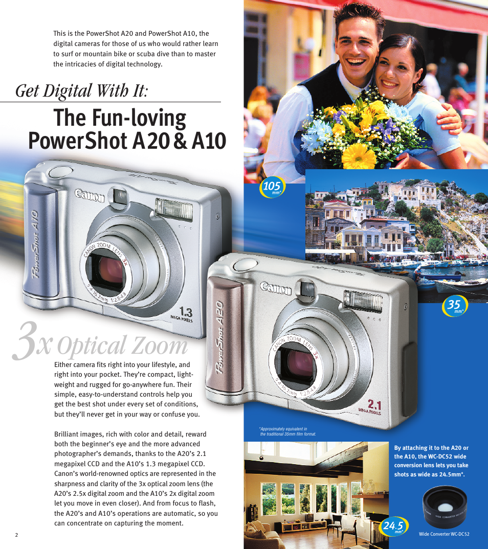Optical zoom, The fun-loving powershot a20 & a10, Get digital with it | Canon PowerShot A10 User Manual | Page 2 / 6