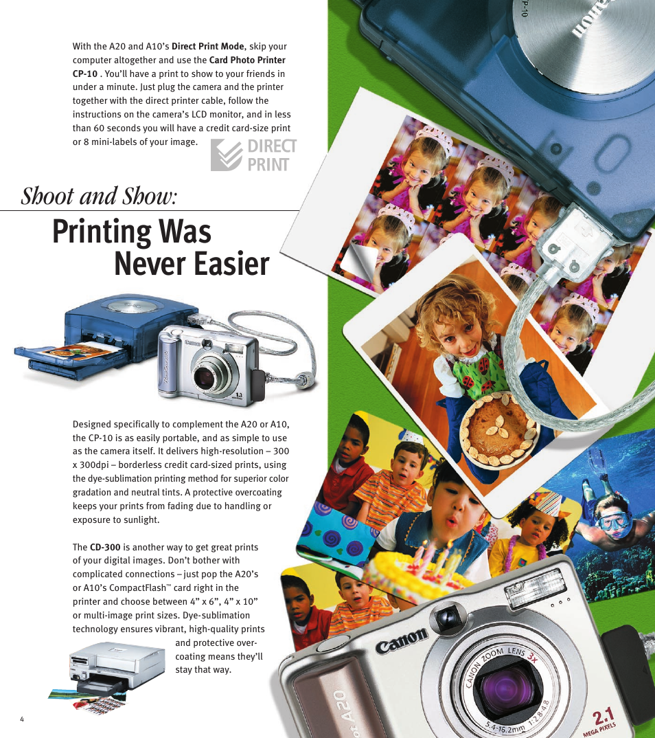 Printing was never easier, Shoot and show | Canon PowerShot A10 User Manual | Page 3 / 6