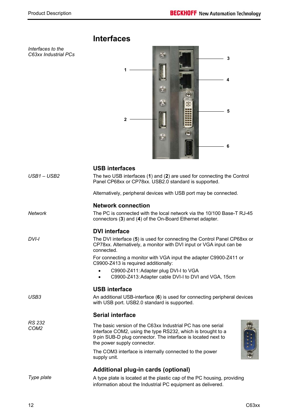 Interfaces, Usb interfaces, Network connection | Dvi interface, Usb interface, Serial interface, Additional plug-in cards (optional), Interfaces 12 | BECKHOFF C63xx-0030 User Manual | Page 14 / 34