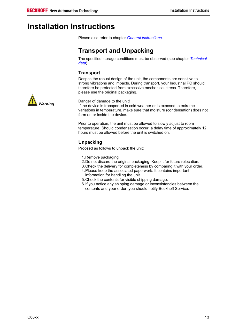 Installation instructions, Transport and unpacking, Transport | Unpacking, Unpacking 13 | BECKHOFF C63xx-0030 User Manual | Page 15 / 34