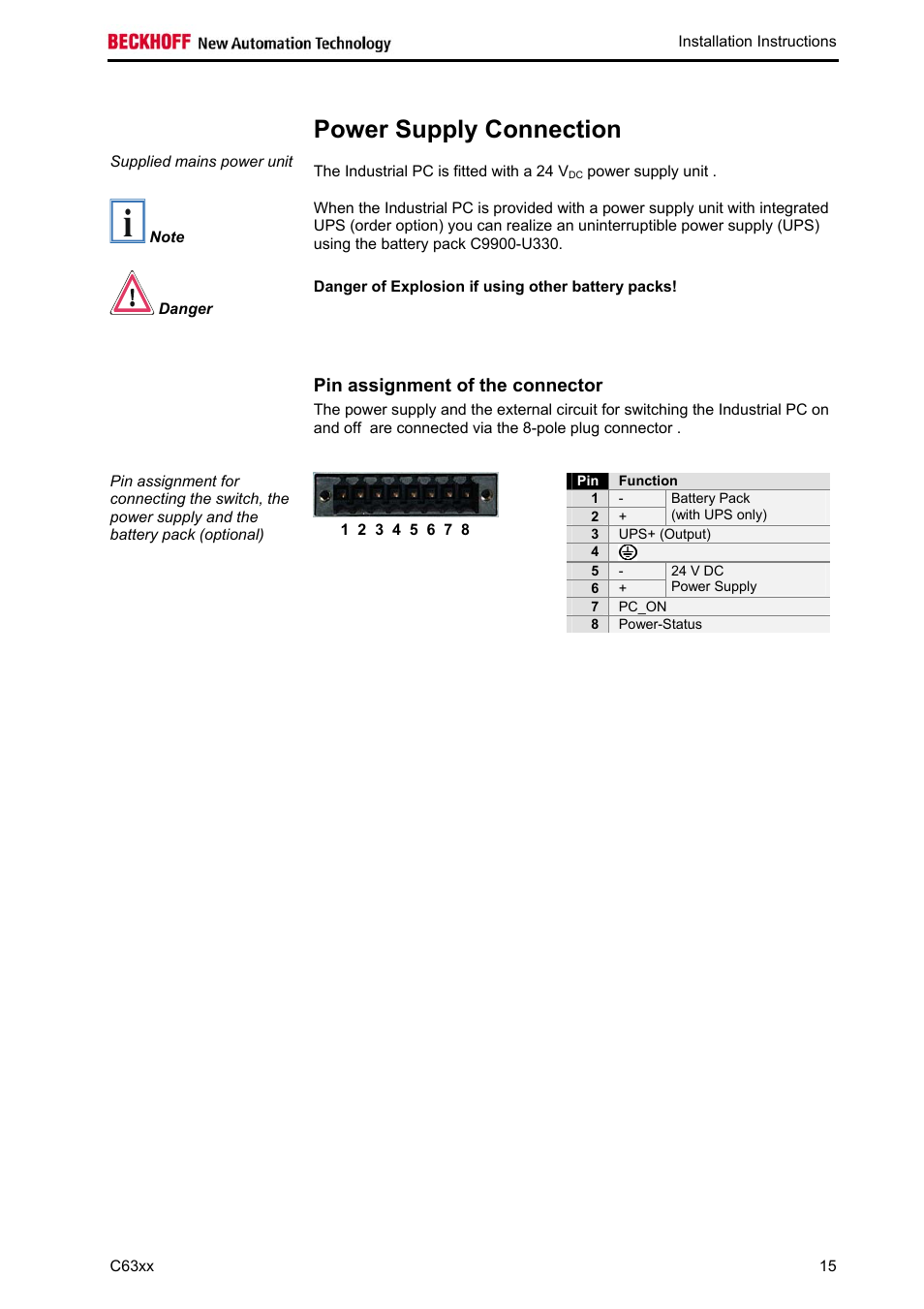 Power supply connection, Pin assignment of the connector | BECKHOFF C63xx-0030 User Manual | Page 17 / 34