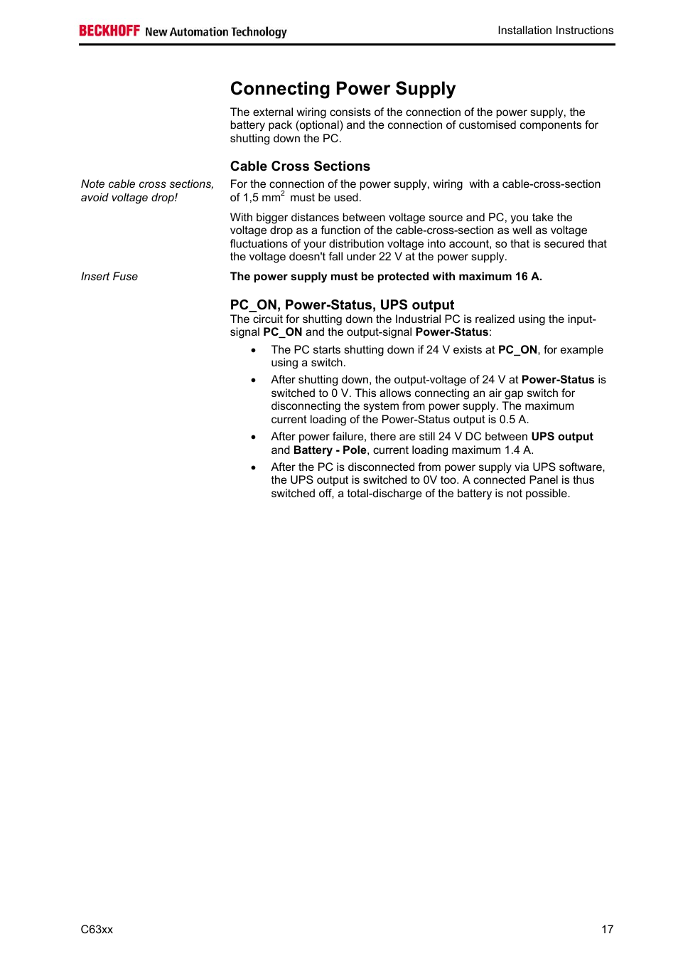 Connecting power supply, Cable cross sections, Pc_on, power-status, ups output | BECKHOFF C63xx-0030 User Manual | Page 19 / 34