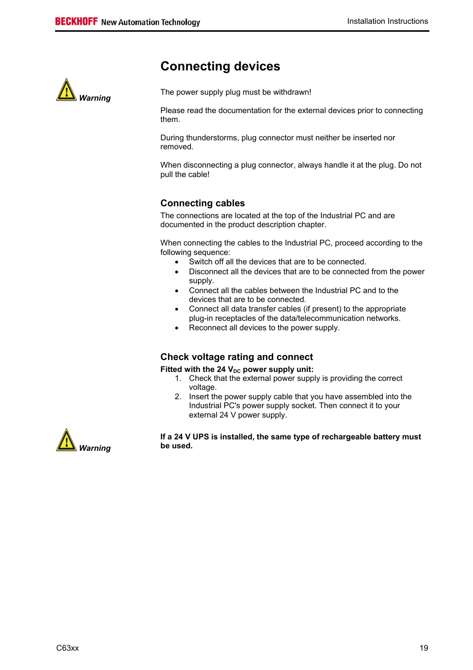 Connecting devices, Connecting cables, Check voltage rating and connect | BECKHOFF C63xx-0030 User Manual | Page 21 / 34