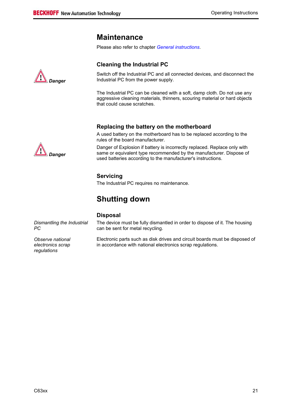 Maintenance, Cleaning the industrial pc, Replacing the battery on the motherboard | Servicing, Shutting down, Disposal, Maintenance 21 | BECKHOFF C63xx-0030 User Manual | Page 23 / 34