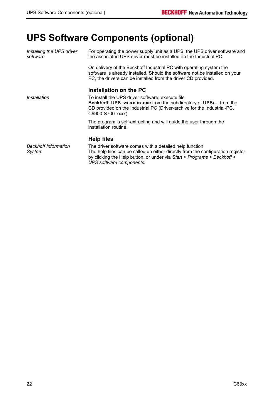 Ups software components (optional), Installation on the pc, Help files | BECKHOFF C63xx-0030 User Manual | Page 24 / 34