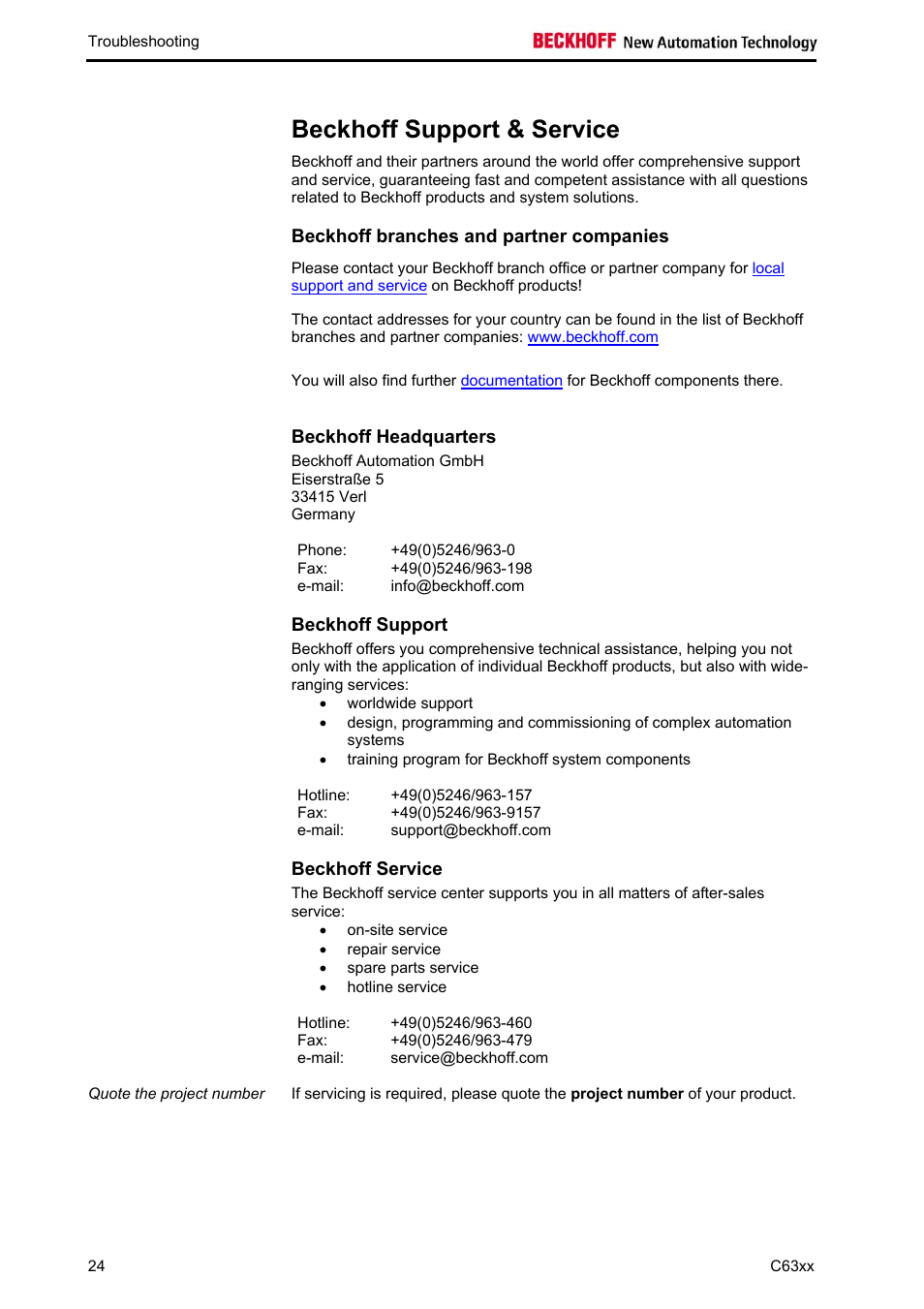 Beckhoff support & service, Beckhoff branches and partner companies, Beckhoff headquarters | Beckhoff support, Beckhoff service | BECKHOFF C63xx-0030 User Manual | Page 26 / 34