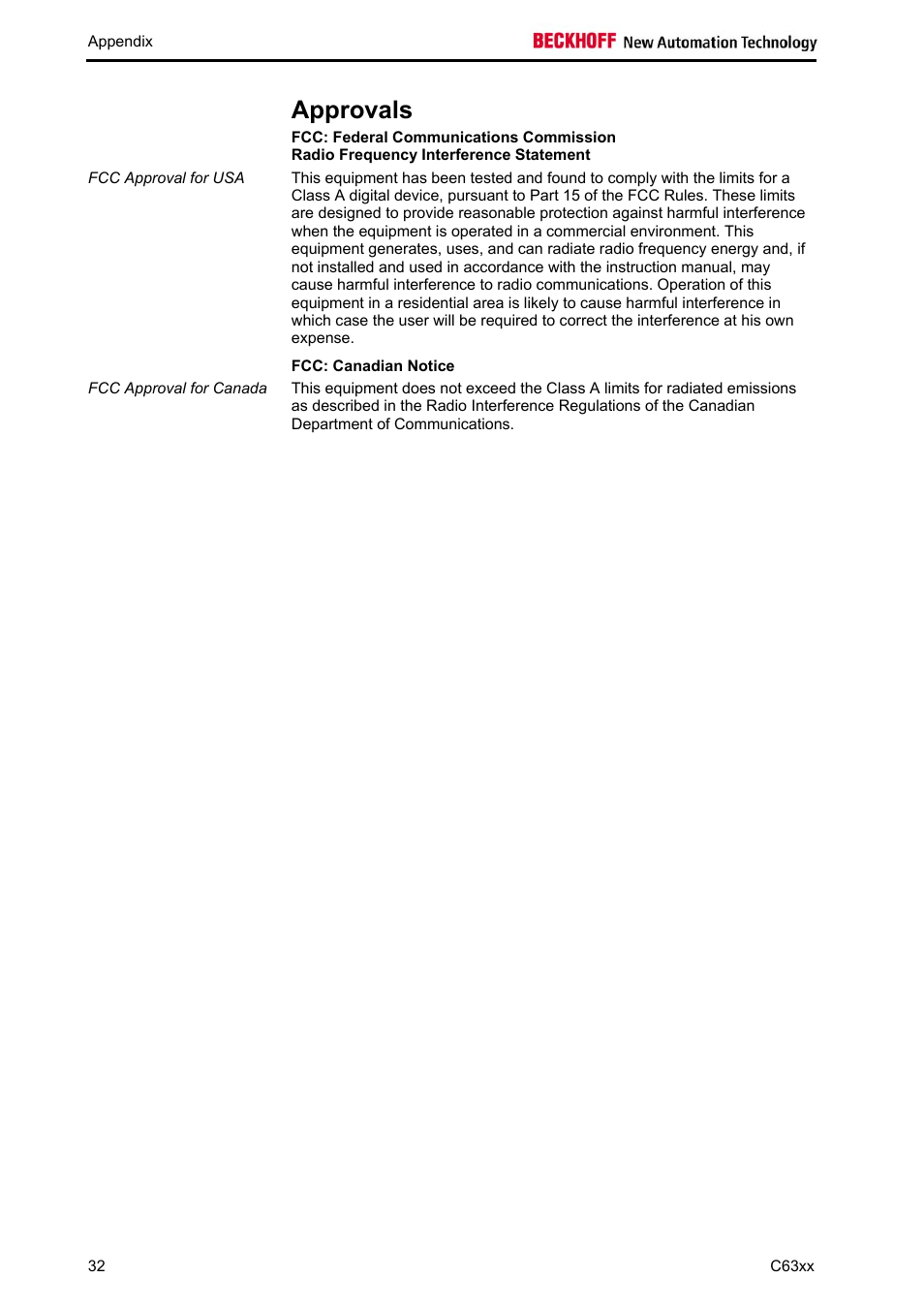 Approvals, Fcc: canadian notice, Approvals 32 | BECKHOFF C63xx-0030 User Manual | Page 34 / 34