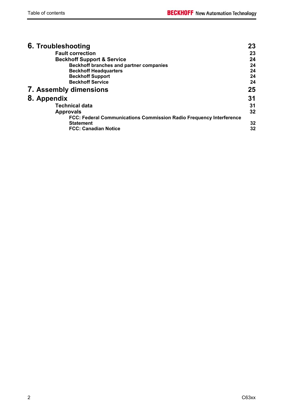 Troubleshooting 23, Assembly dimensions 25, Appendix 31 | BECKHOFF C63xx-0030 User Manual | Page 4 / 34