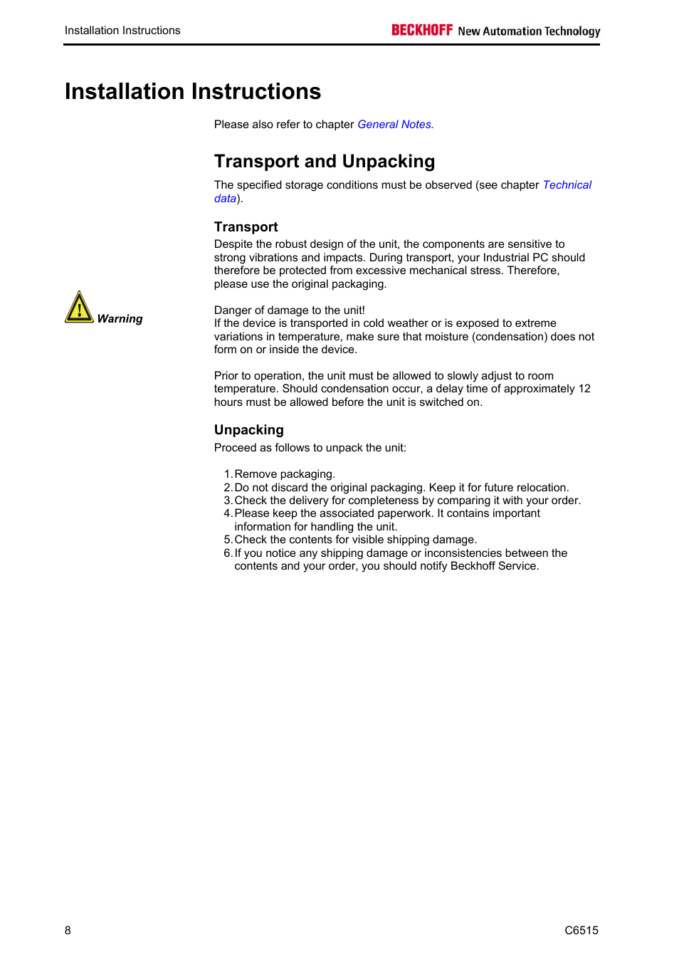 Installation instructions, Transport and unpacking, Transport | Unpacking | BECKHOFF C6515 User Manual | Page 10 / 25