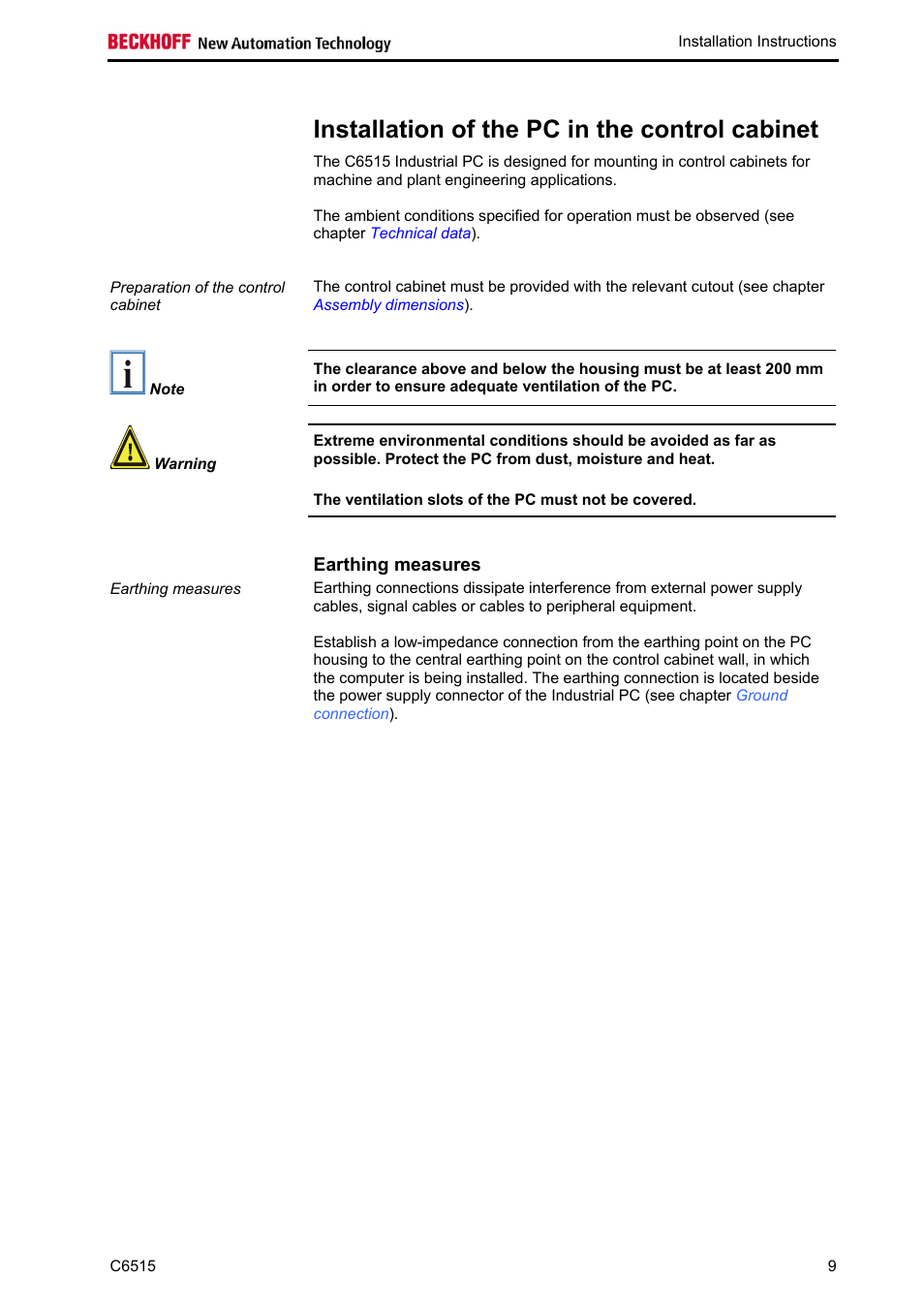 Installation of the pc in the control cabinet, Earthing measures | BECKHOFF C6515 User Manual | Page 11 / 25