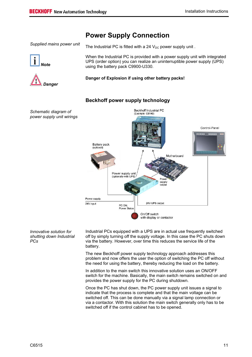 Power supply connection, Beckhoff power supply technology | BECKHOFF C6515 User Manual | Page 13 / 25