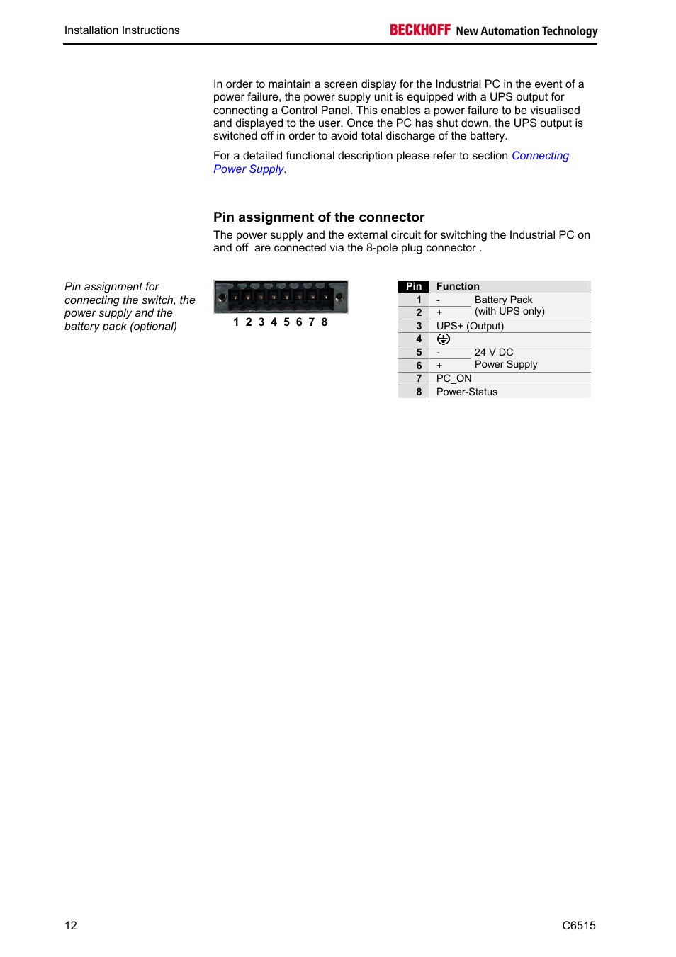 Pin assignment of the connector | BECKHOFF C6515 User Manual | Page 14 / 25