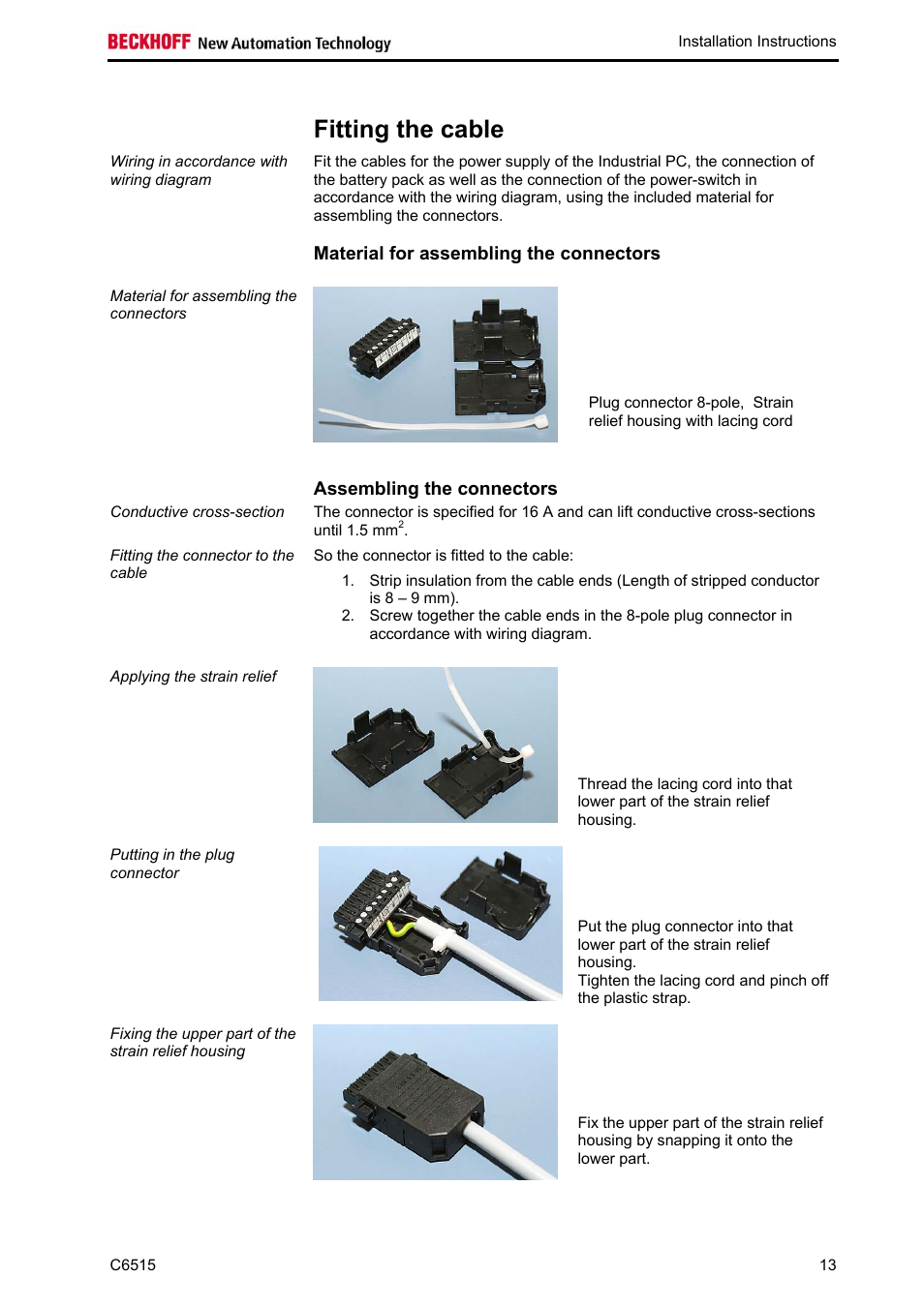 Fitting the cable, Material for assembling the connectors, Assembling the connectors | BECKHOFF C6515 User Manual | Page 15 / 25