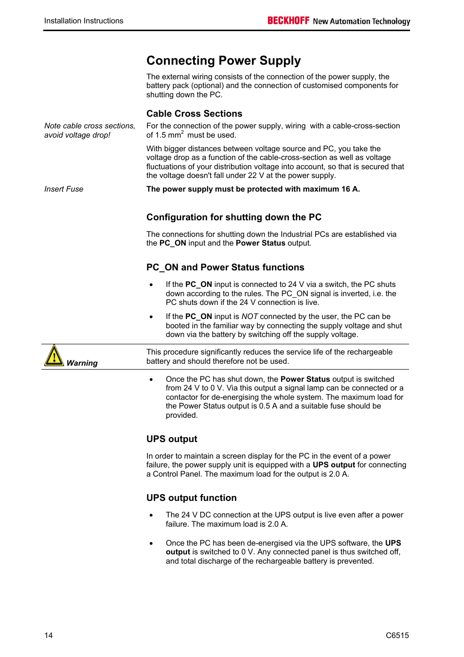 Connecting power supply, Cable cross sections, Configuration for shutting down the pc | Pc_on and power status functions, Ups output, Ups output function | BECKHOFF C6515 User Manual | Page 16 / 25