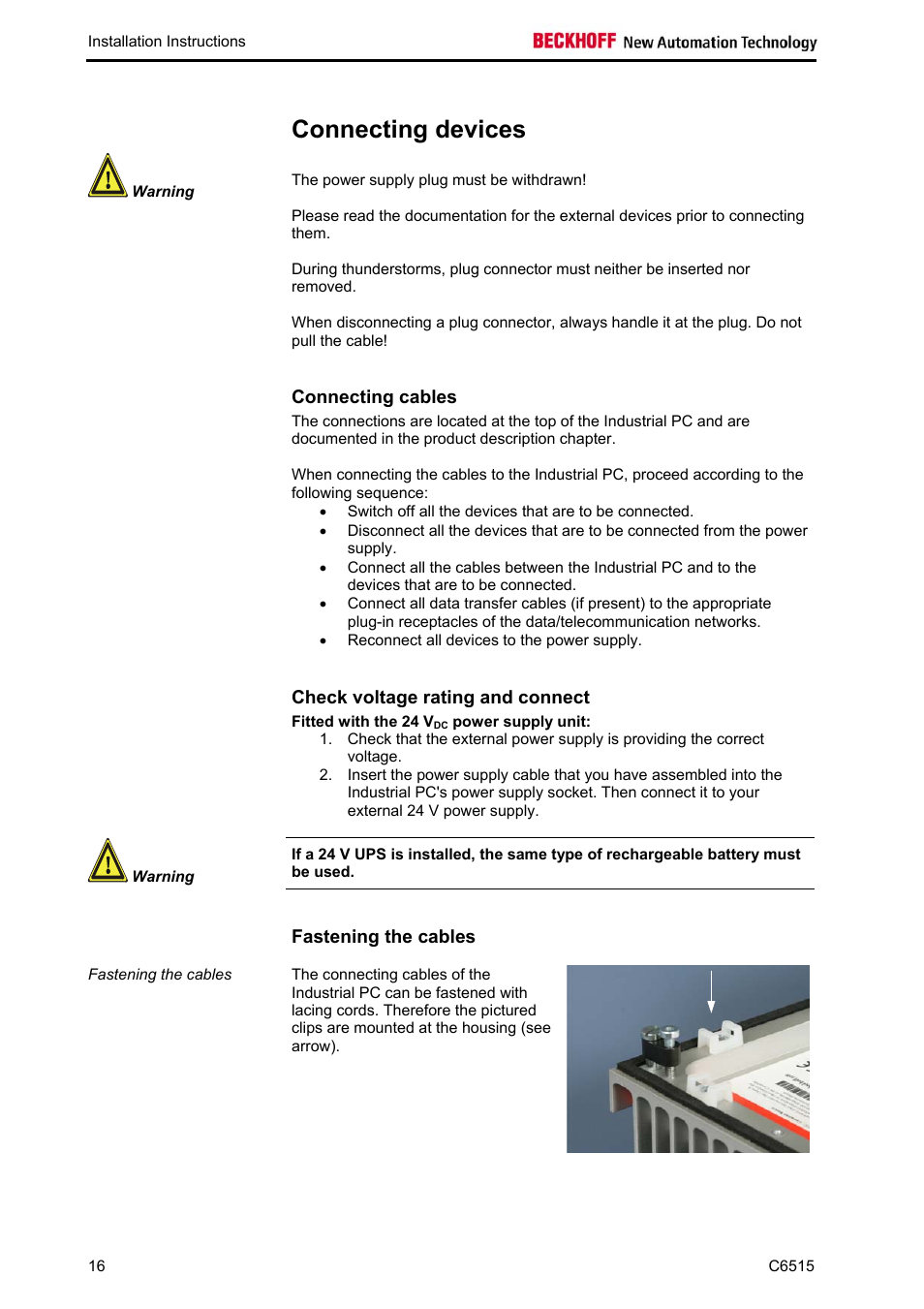 Connecting devices, Connecting cables, Check voltage rating and connect | Fastening the cables | BECKHOFF C6515 User Manual | Page 18 / 25