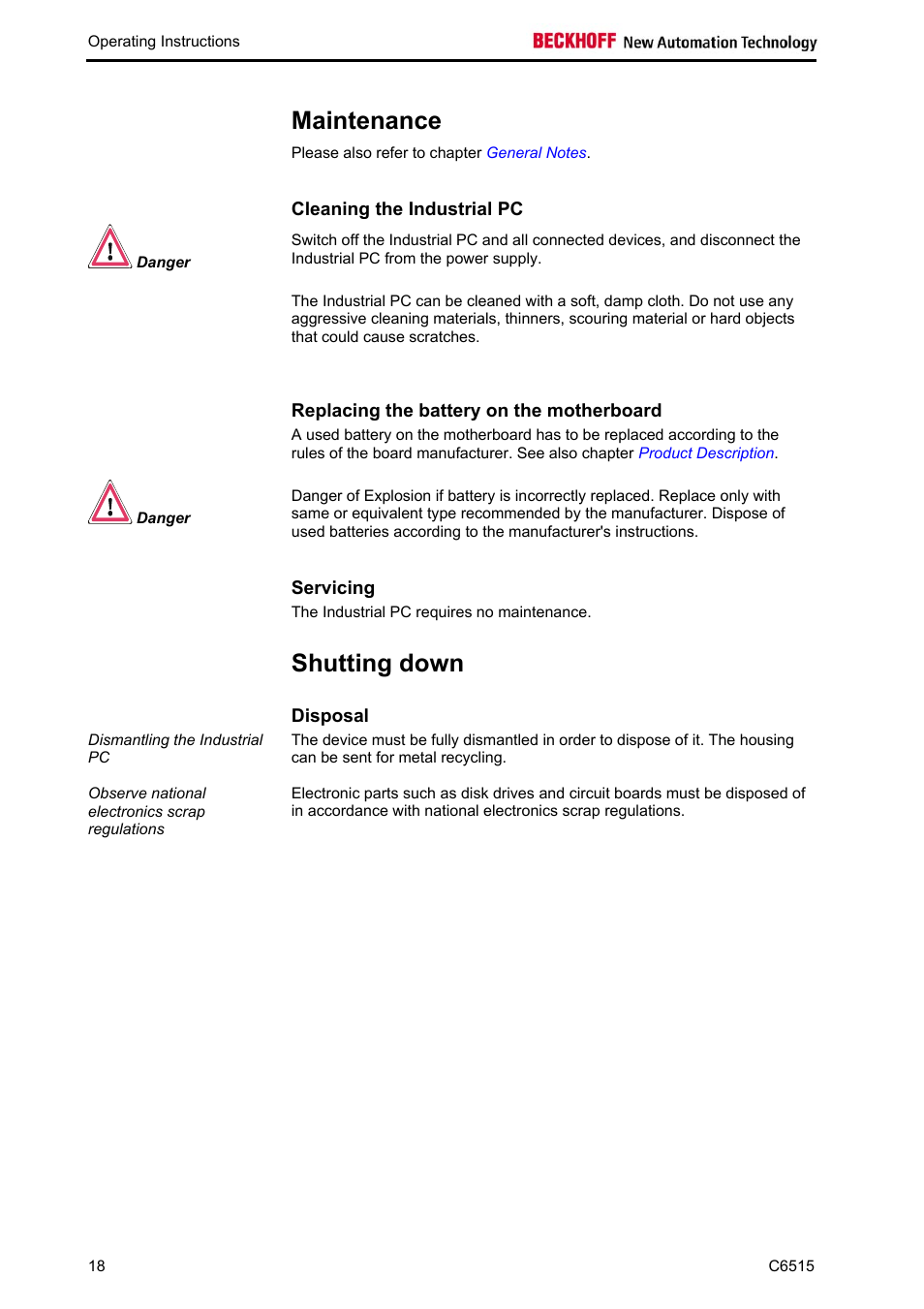 Maintenance, Cleaning the industrial pc, Replacing the battery on the motherboard | Servicing, Shutting down, Disposal, Maintenance 18 | BECKHOFF C6515 User Manual | Page 20 / 25