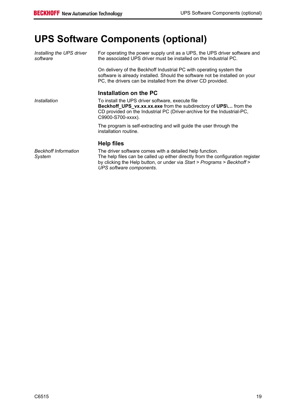 Ups software components (optional), Installation on the pc, Help files | BECKHOFF C6515 User Manual | Page 21 / 25