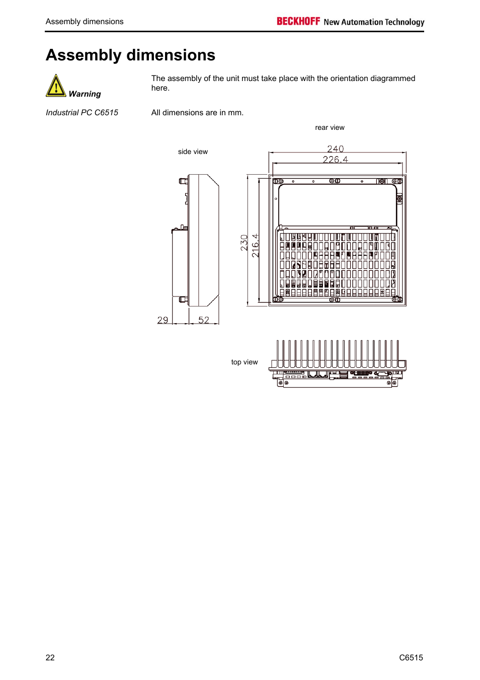 Assembly dimensions | BECKHOFF C6515 User Manual | Page 24 / 25