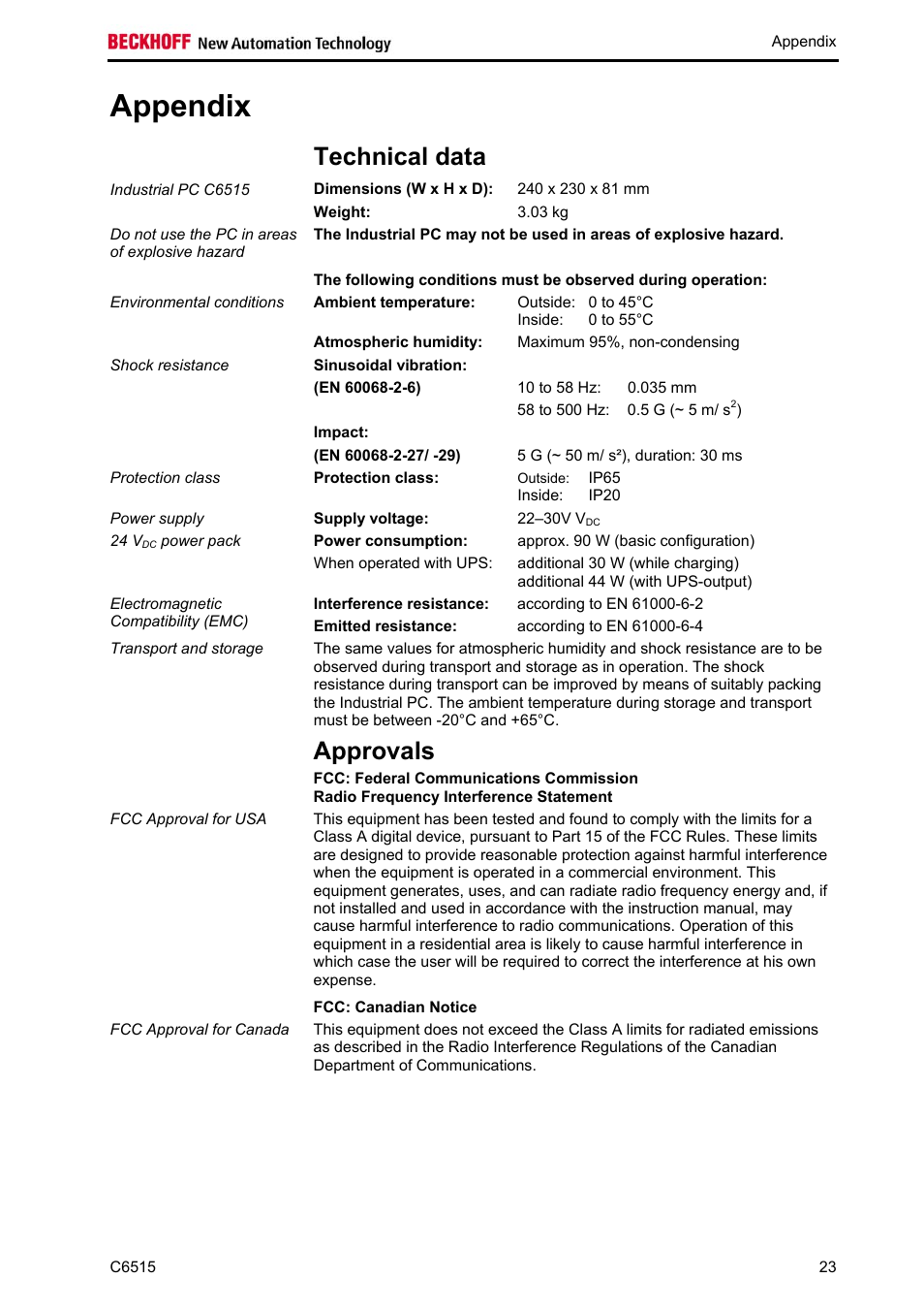 Appendix, Technical data, Approvals | Fcc: canadian notice, Appendix 23, Approvals 23, Technical, Data | BECKHOFF C6515 User Manual | Page 25 / 25