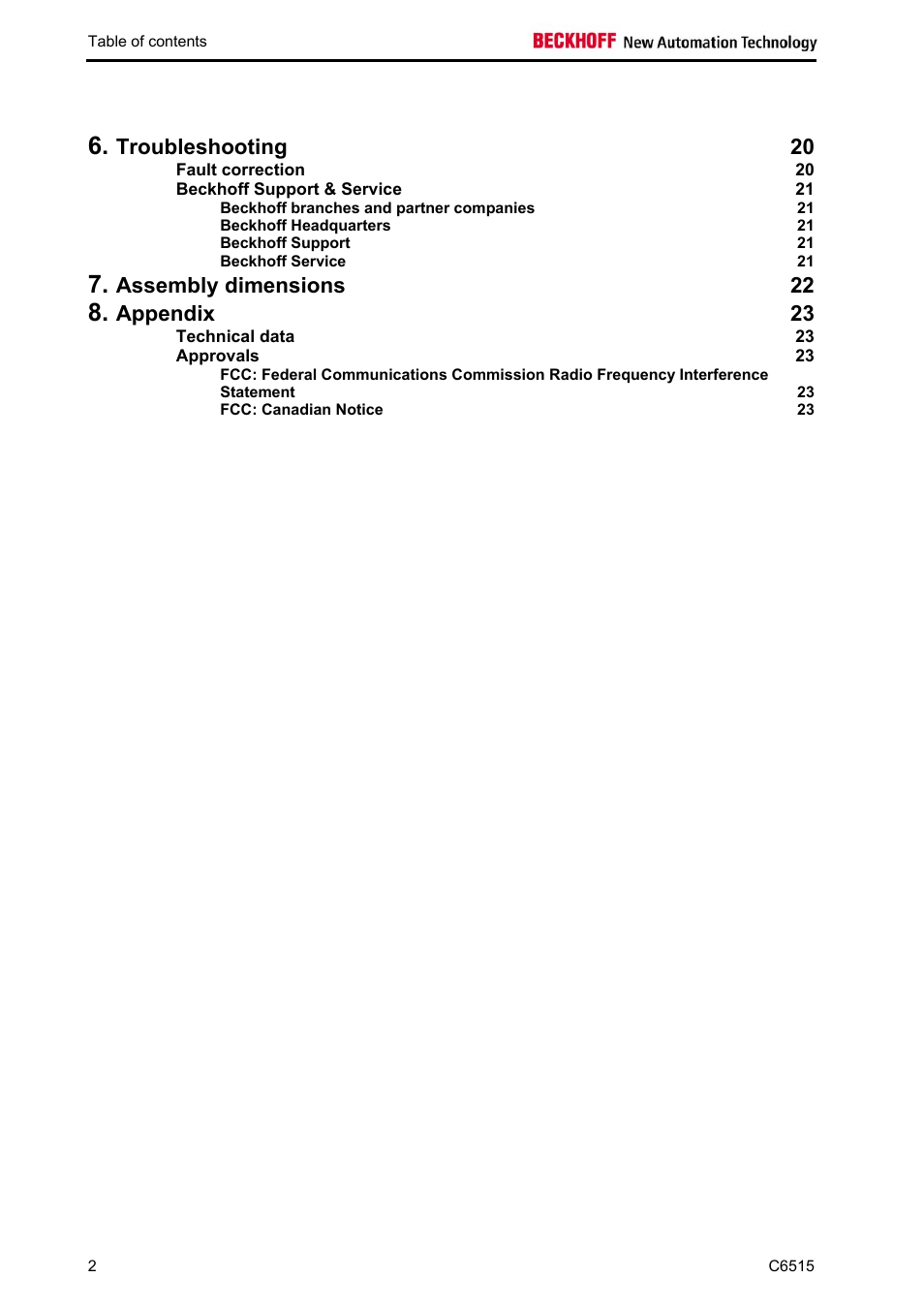 Troubleshooting 20, Assembly dimensions 22, Appendix 23 | BECKHOFF C6515 User Manual | Page 4 / 25