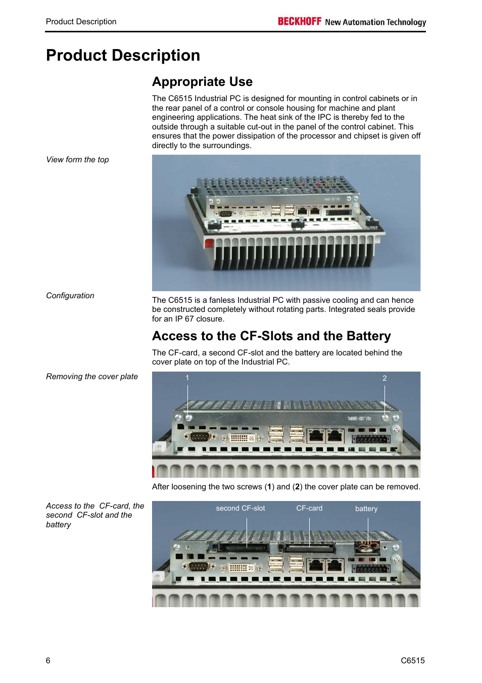 Product description, Appropriate use, Access to the cf-slots and the battery | Chapter) | BECKHOFF C6515 User Manual | Page 8 / 25