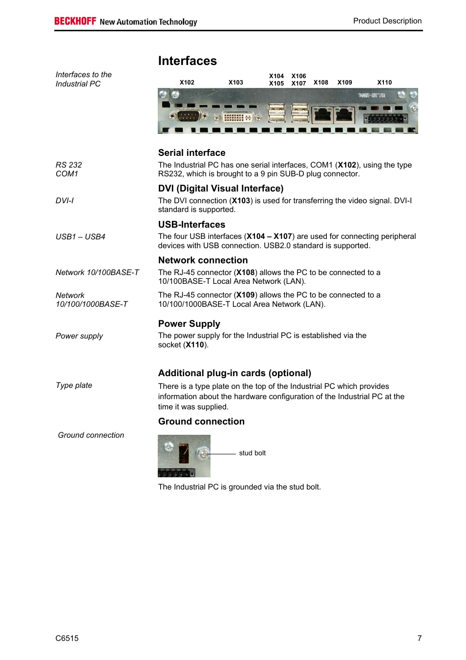 Interfaces, Serial interface, Dvi (digital visual interface) | Usb-interfaces, Network connection, Power supply, Additional plug-in cards (optional), Ground connection, Interfaces 7, Usb-interfaces 7 | BECKHOFF C6515 User Manual | Page 9 / 25