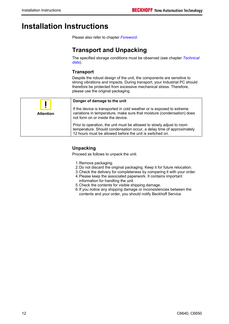 Installation instructions, Transport and unpacking, Transport | Unpacking, Unpacking 12 | BECKHOFF C6640 User Manual | Page 14 / 33