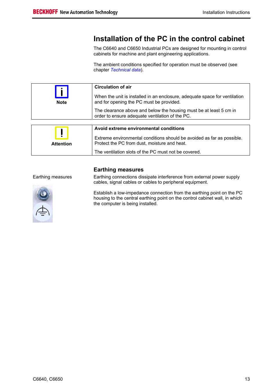 Installation of the pc in the control cabinet, Earthing measures | BECKHOFF C6640 User Manual | Page 15 / 33