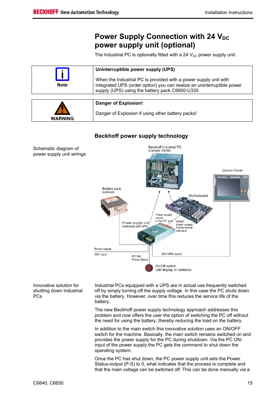 Power supply connection with 24 vdc power suppl, Beckhoff power supply technology, Power supply connection with 24 v | Power supply unit (optional) | BECKHOFF C6640 User Manual | Page 17 / 33