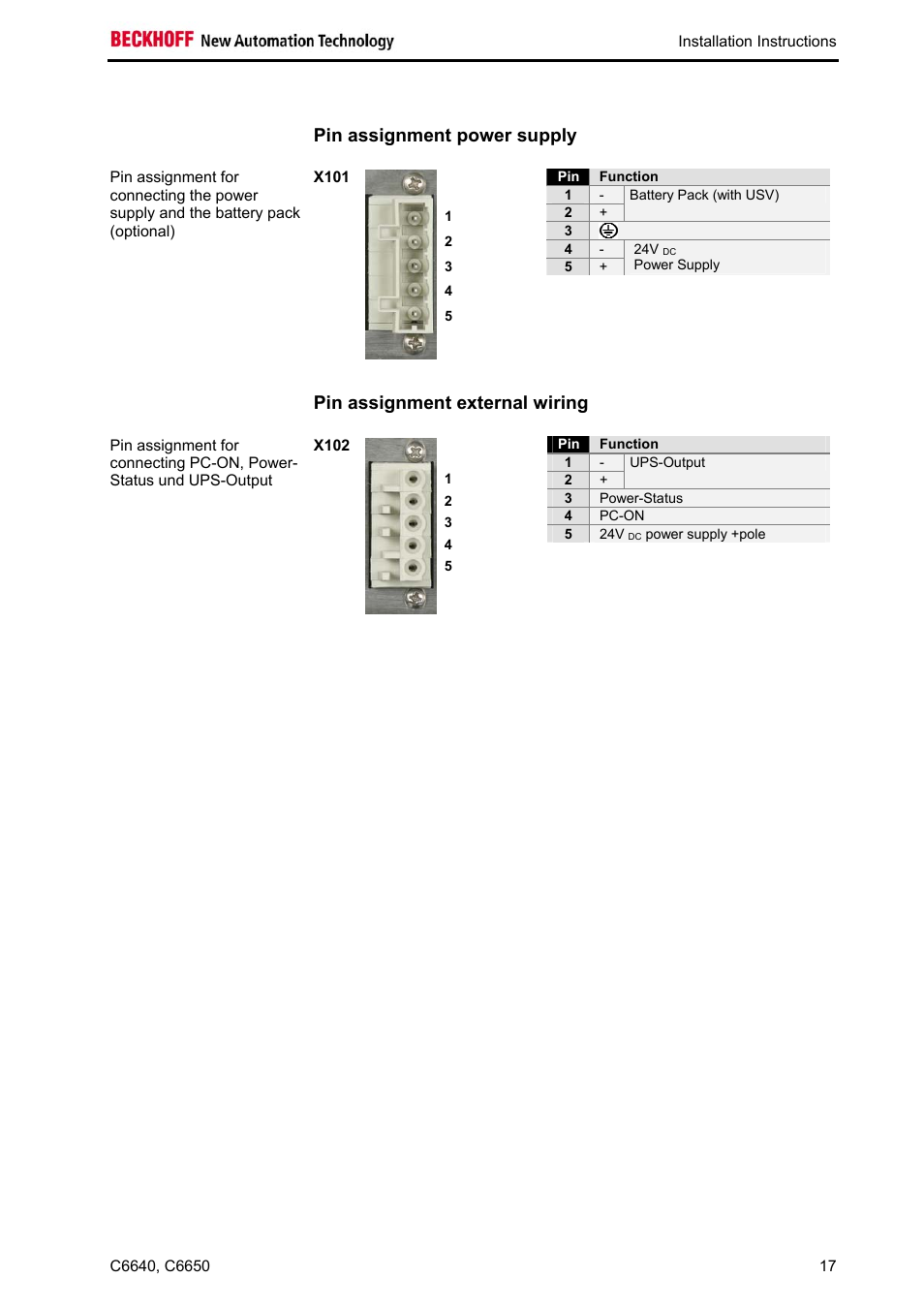 Pin assignment power supply, X101, Pin assignment external wiring | X102 | BECKHOFF C6640 User Manual | Page 19 / 33