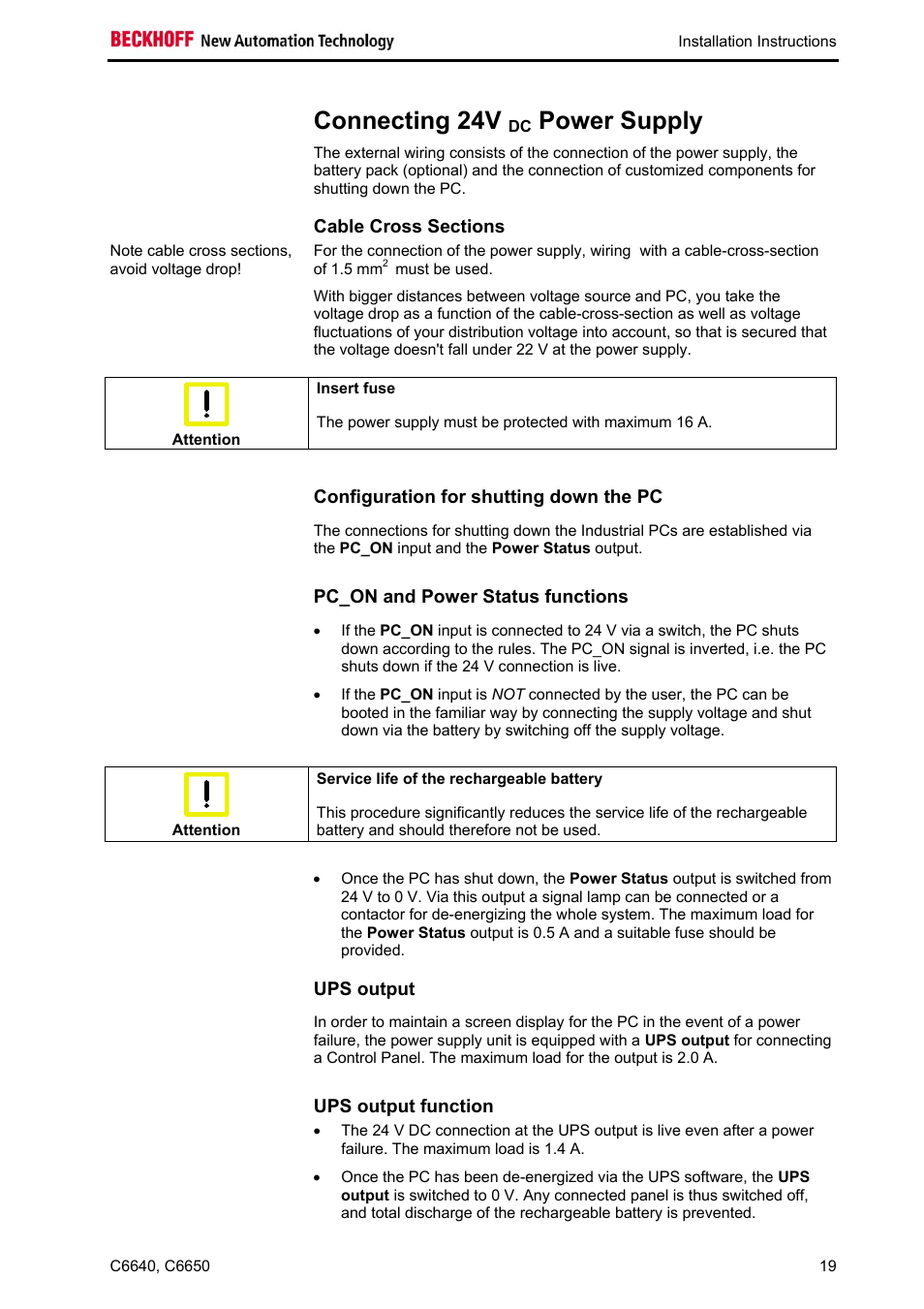 Connecting 24v dc power supply, Cable cross sections, Configuration for shutting down the pc | Pc_on and power status functions, Ups output, Ups output function, Connecting 24v, Power supply | BECKHOFF C6640 User Manual | Page 21 / 33