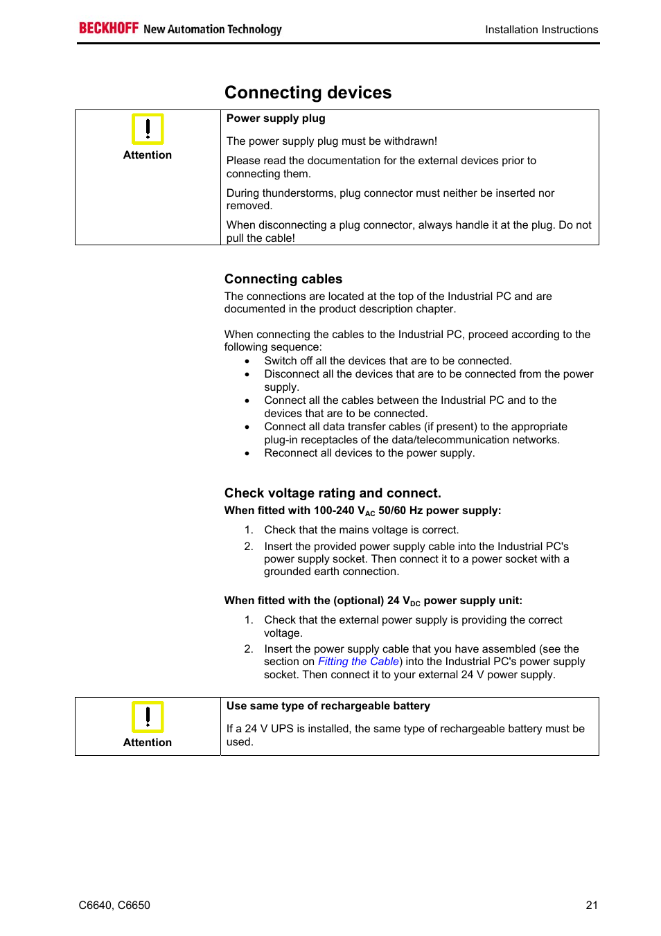 Connecting devices, Connecting cables, Check voltage rating and connect | BECKHOFF C6640 User Manual | Page 23 / 33