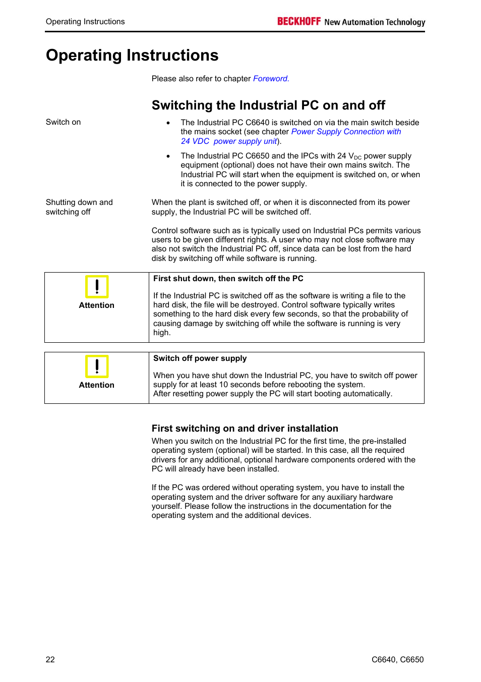 Operating instructions, Switching the industrial pc on and off, First switching on and driver installation | BECKHOFF C6640 User Manual | Page 24 / 33