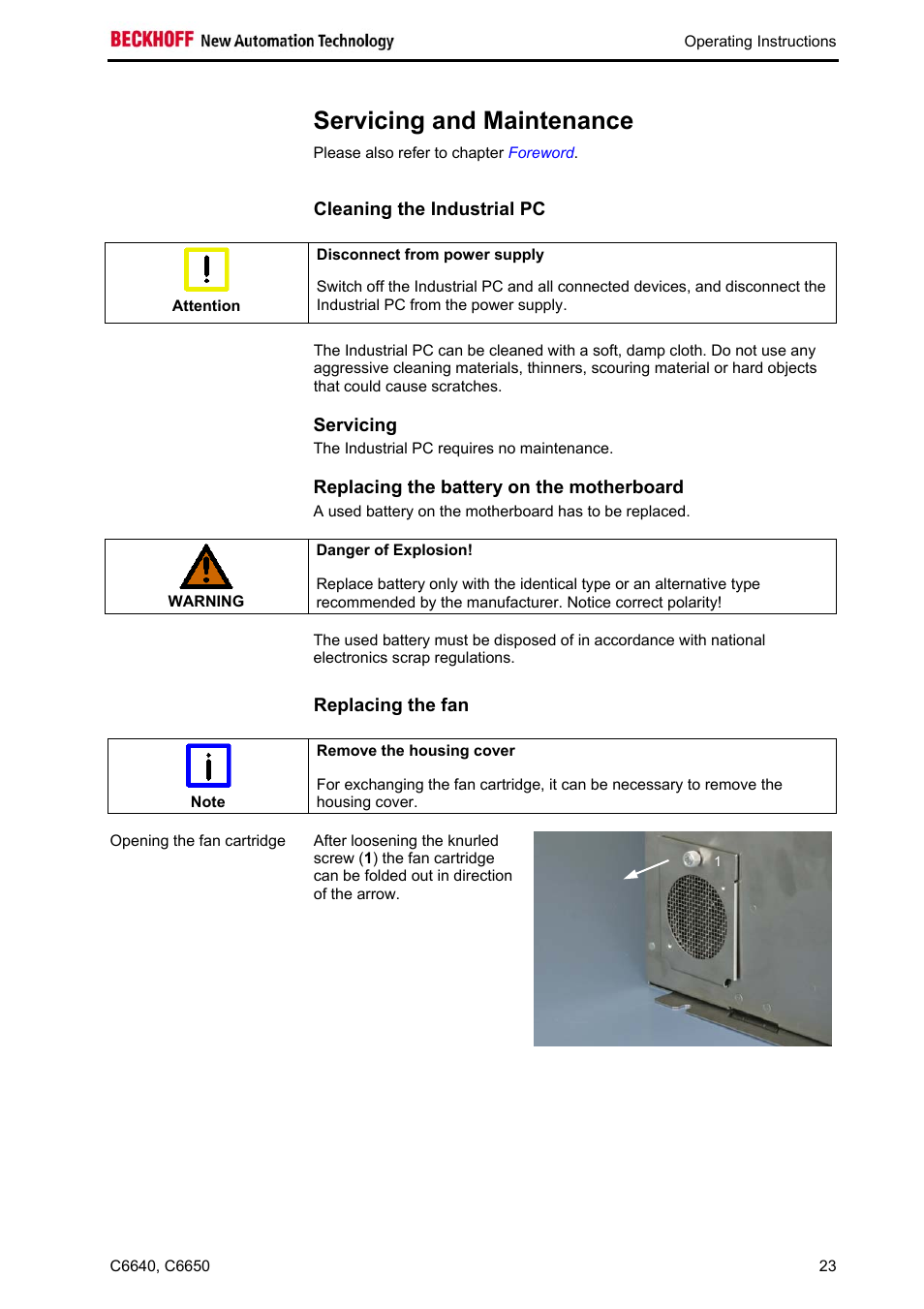 Servicing and maintenance, Cleaning the industrial pc, Servicing | Replacing the battery on the motherboard, Replacing the fan | BECKHOFF C6640 User Manual | Page 25 / 33