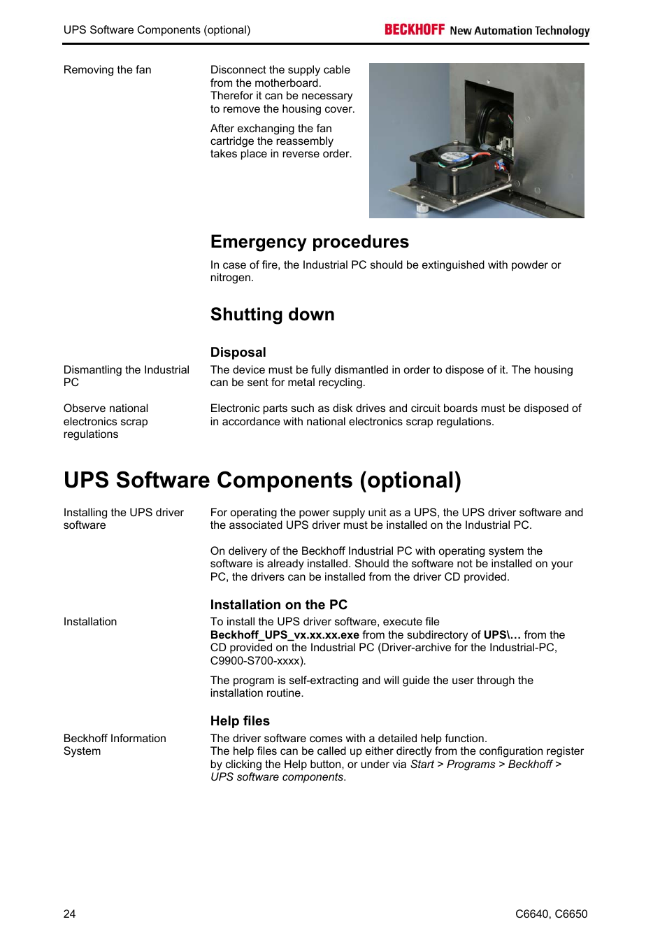 Emergency procedures, Shutting down, Disposal | Ups software components (optional), Installation on the pc, Help files | BECKHOFF C6640 User Manual | Page 26 / 33