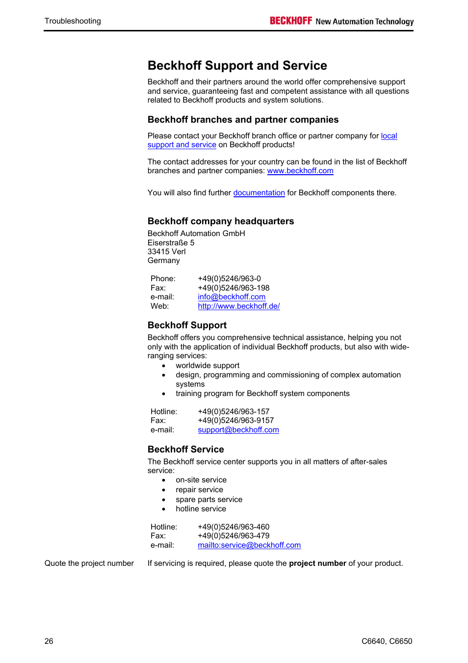 Beckhoff support and service, Beckhoff branches and partner companies, Beckhoff company headquarters | Beckhoff support, Beckhoff service | BECKHOFF C6640 User Manual | Page 28 / 33