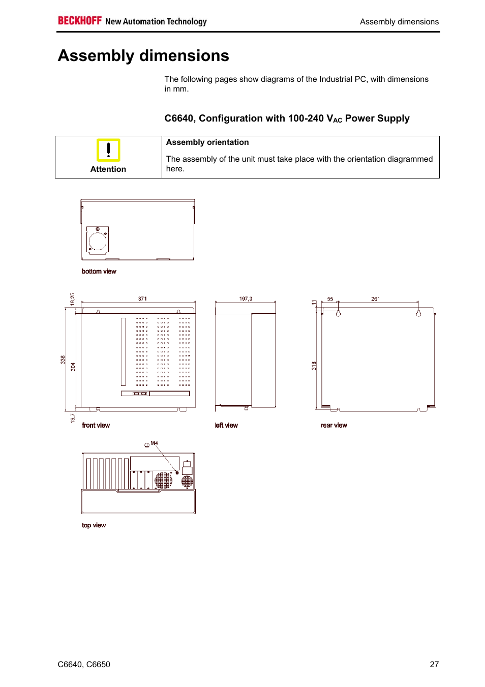 Assembly dimensions, C6640, configuration with 100-240 vac power supply, C6640, configuration with 100-240 v | Power supply | BECKHOFF C6640 User Manual | Page 29 / 33