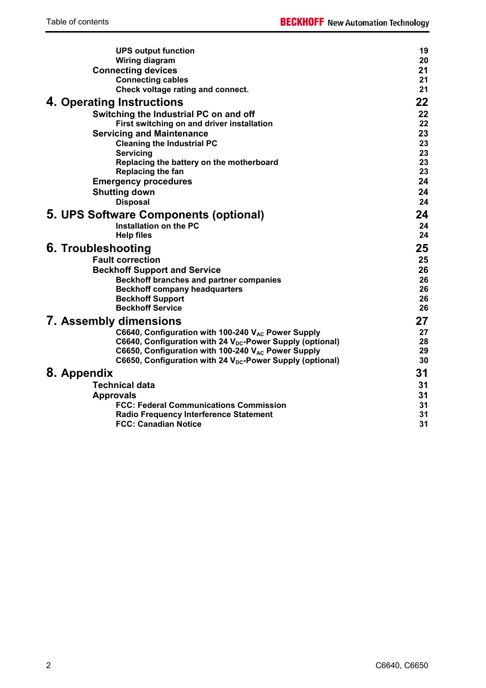 Operating instructions 22, Ups software components (optional) 24, Troubleshooting 25 | Assembly dimensions 27, Appendix 31 | BECKHOFF C6640 User Manual | Page 4 / 33