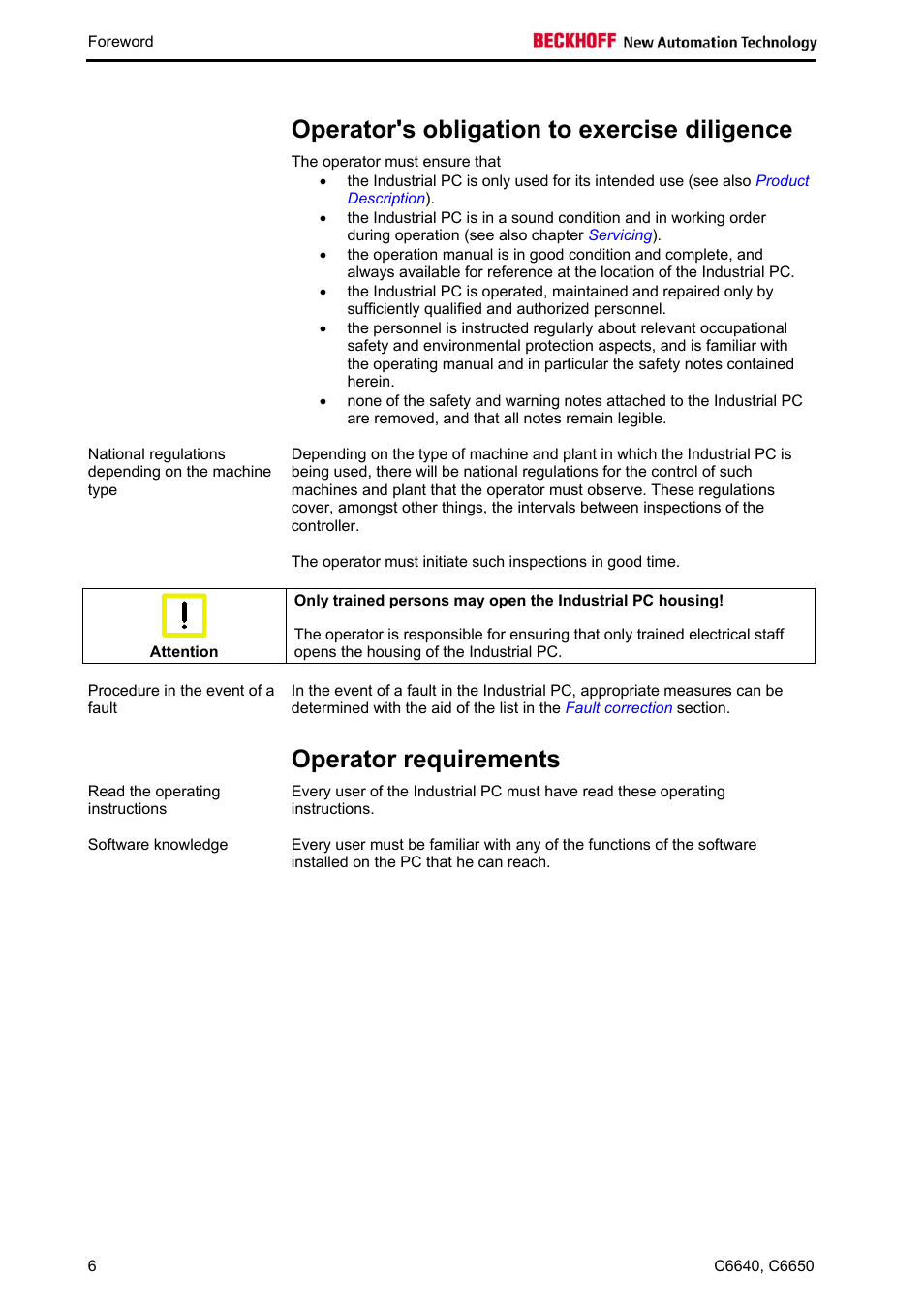 Operator's obligation to exercise diligence, Operator requirements | BECKHOFF C6640 User Manual | Page 8 / 33