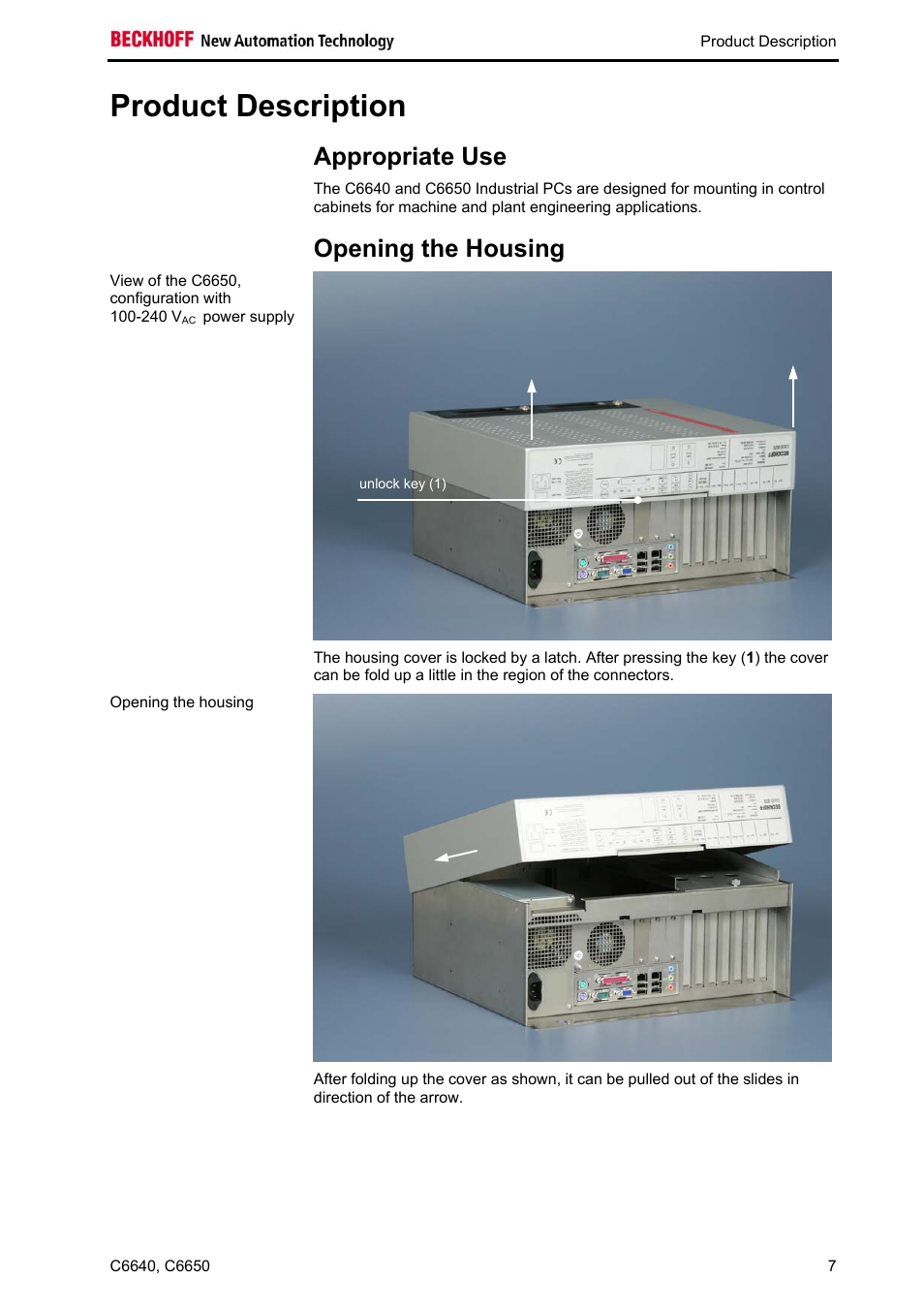 Product description, Appropriate use, Opening the housing | Product, Description | BECKHOFF C6640 User Manual | Page 9 / 33