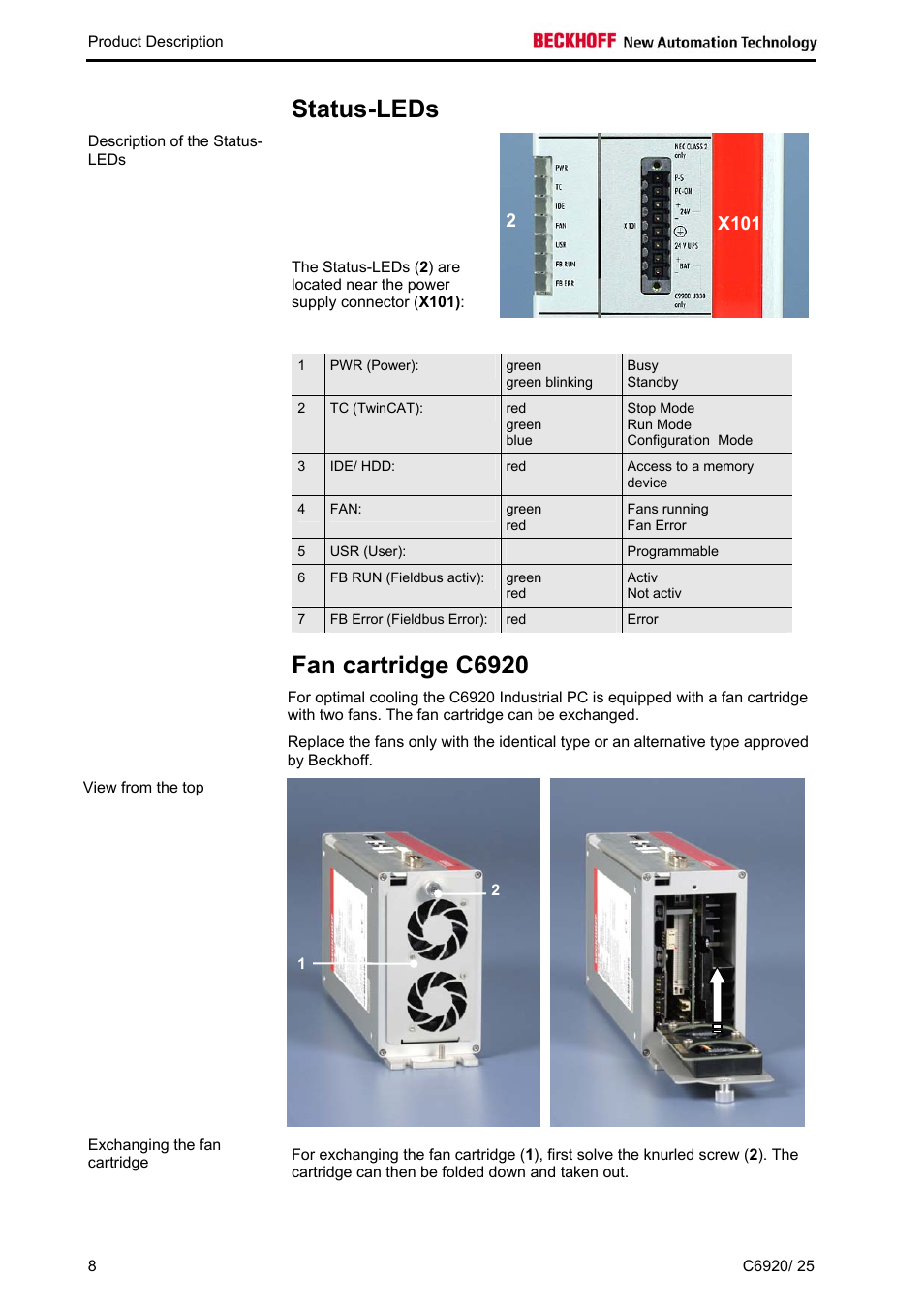 Status-leds, Fan cartridge c6920, Status-leds 8 | 2x101 | BECKHOFF C6920 User Manual | Page 10 / 32